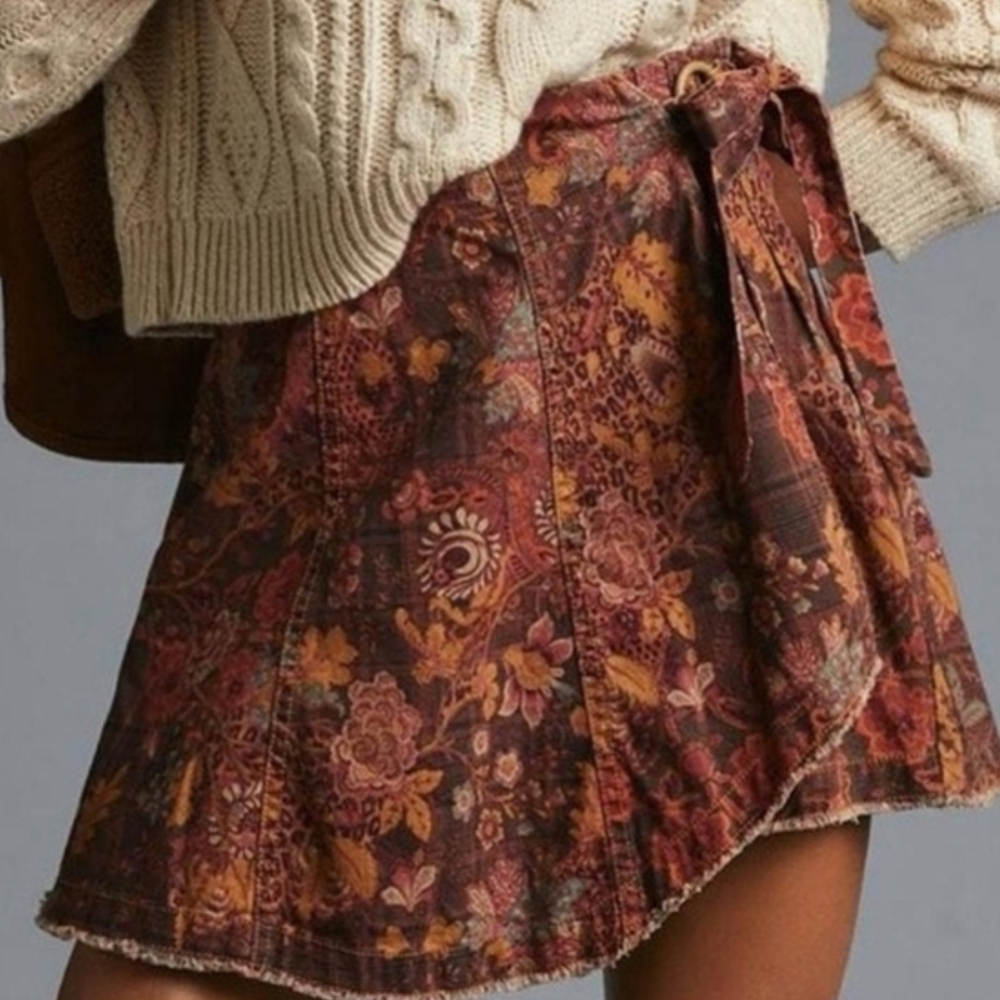Pilcro Mini Wrap Floral Patchwork Bohemian Shabby Paisley Plaid Skirt 6